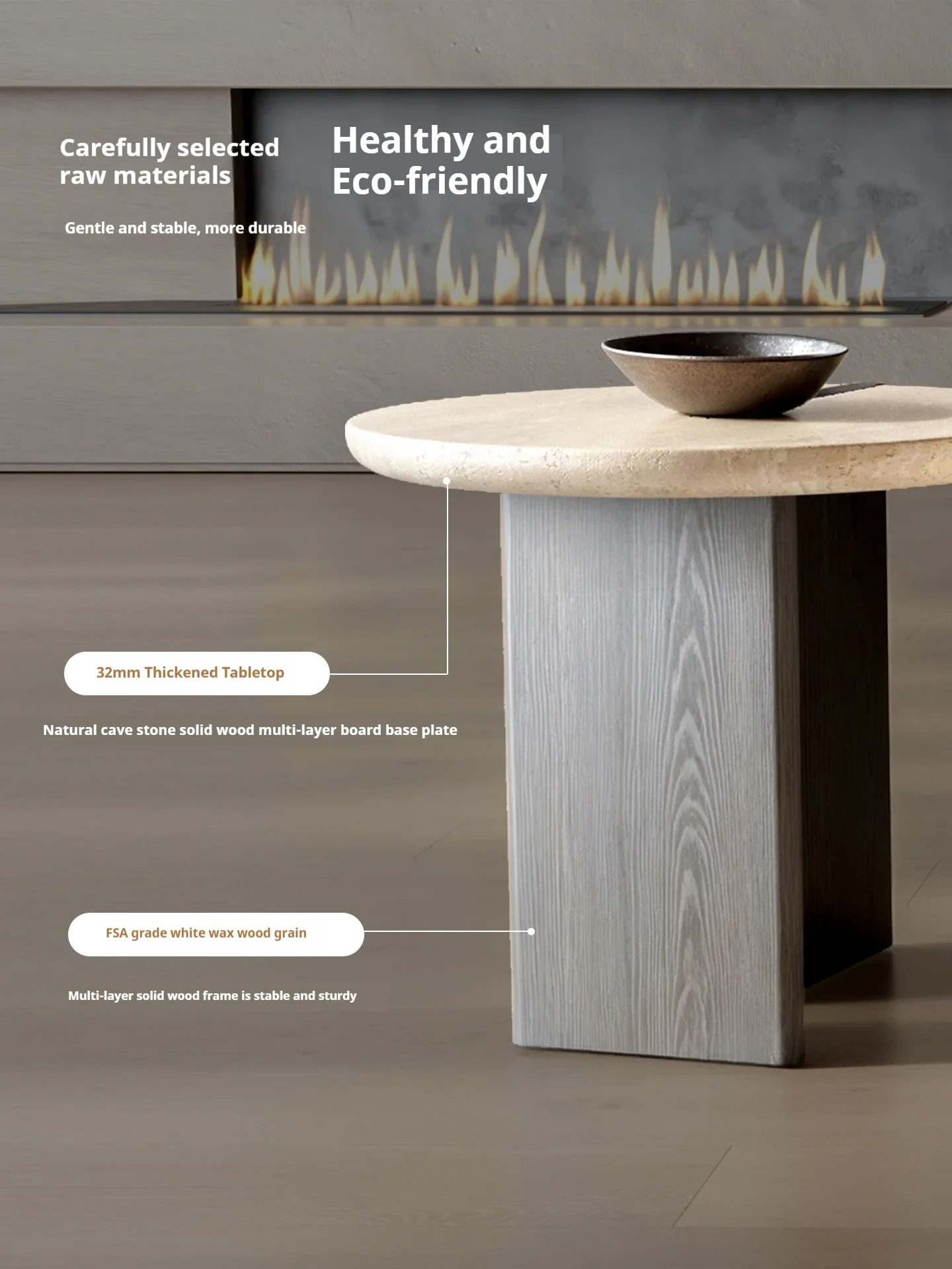 Tavolino da caffè in travertino naturale realizzato a mano con base rotonda vintage e piano in marmo, perfetto per un lussuoso soggiorno.