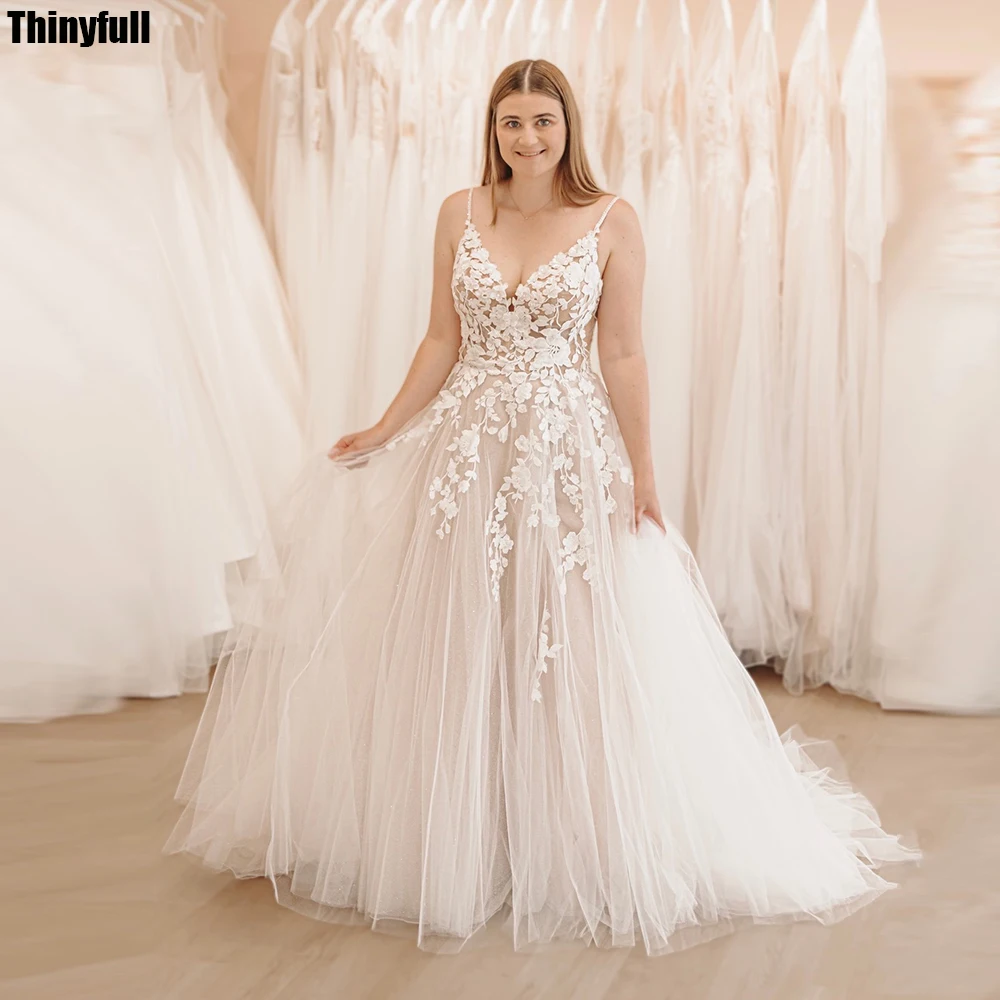 Thinyfull-vestidos De Novia bohemios, cuello en V sin mangas con traje De Novia, apliques De encaje De tul, 2024