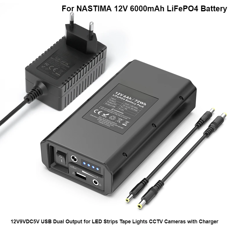 

For NASTIMA 12V 6000mAh LiFePO4 Battery Pack with 12V9VDC5V USB Dual Output for LED Strips Tape Lights CCTV Cameras with Charger