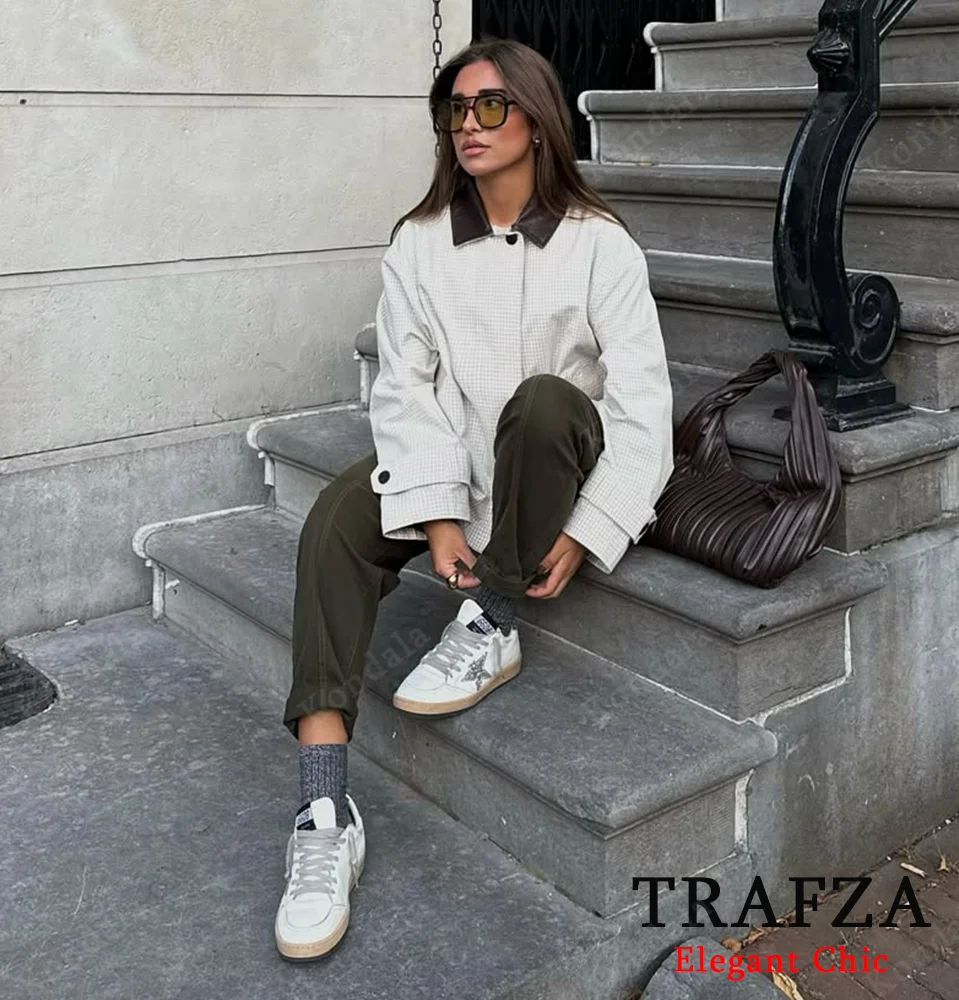

KONDALA Women Chic Plaid Short Jacket Leather Collar Pockets Button Short Windbreaker 2025 Spring Autumn Streetwear Casual Jacke
