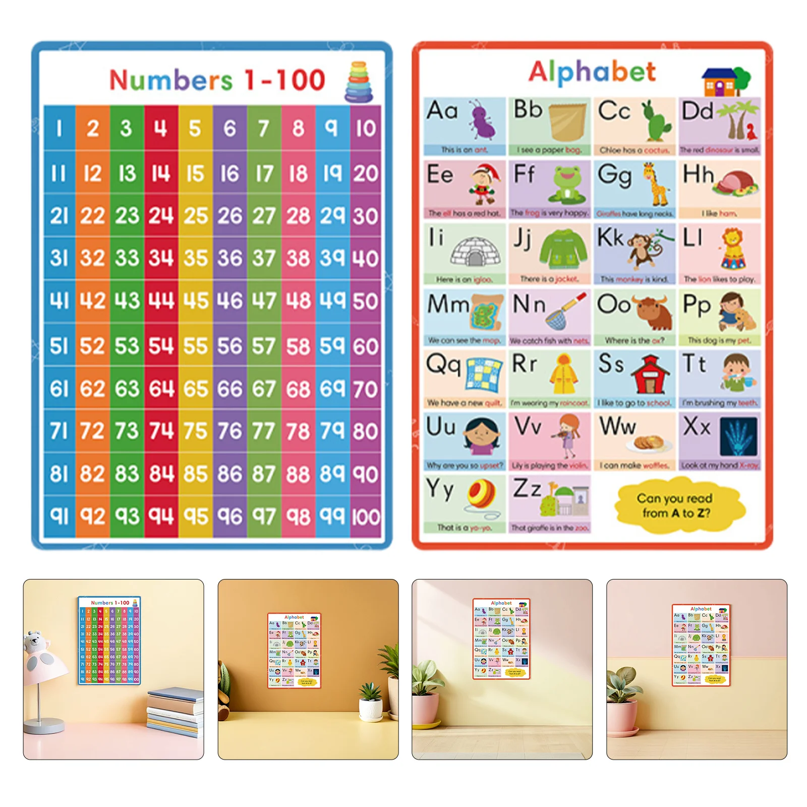 

2Pcs Alphabet Numbers Poster Set Vibrant Color High Chart Nursery Kindergarten Preschool Classroom Wall