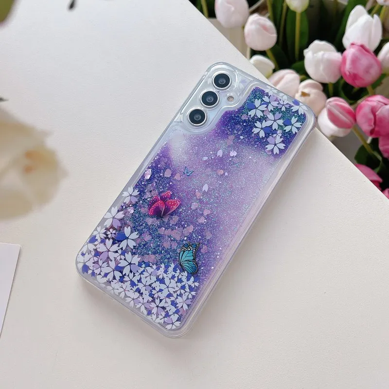 Liquid Glitter Case For Samsung Galaxy A17 A16 A56 A35 A55 A15 A25 A54 A34 A36 Pink Bling Quicksand Flower Butterfly Clear Cover