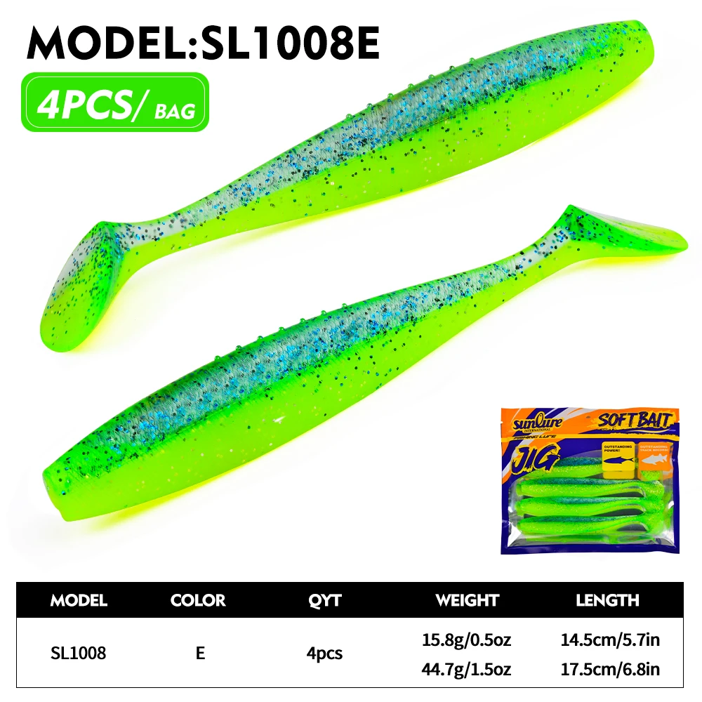 Sunlure 4 Stück/Beutel T-Tail Paddle Weichköder Künstlicher Silikon-Glitzer-Swimbait 14,5/17,5 cm Weichköder für Bass-Salzwasserfischen Pesca