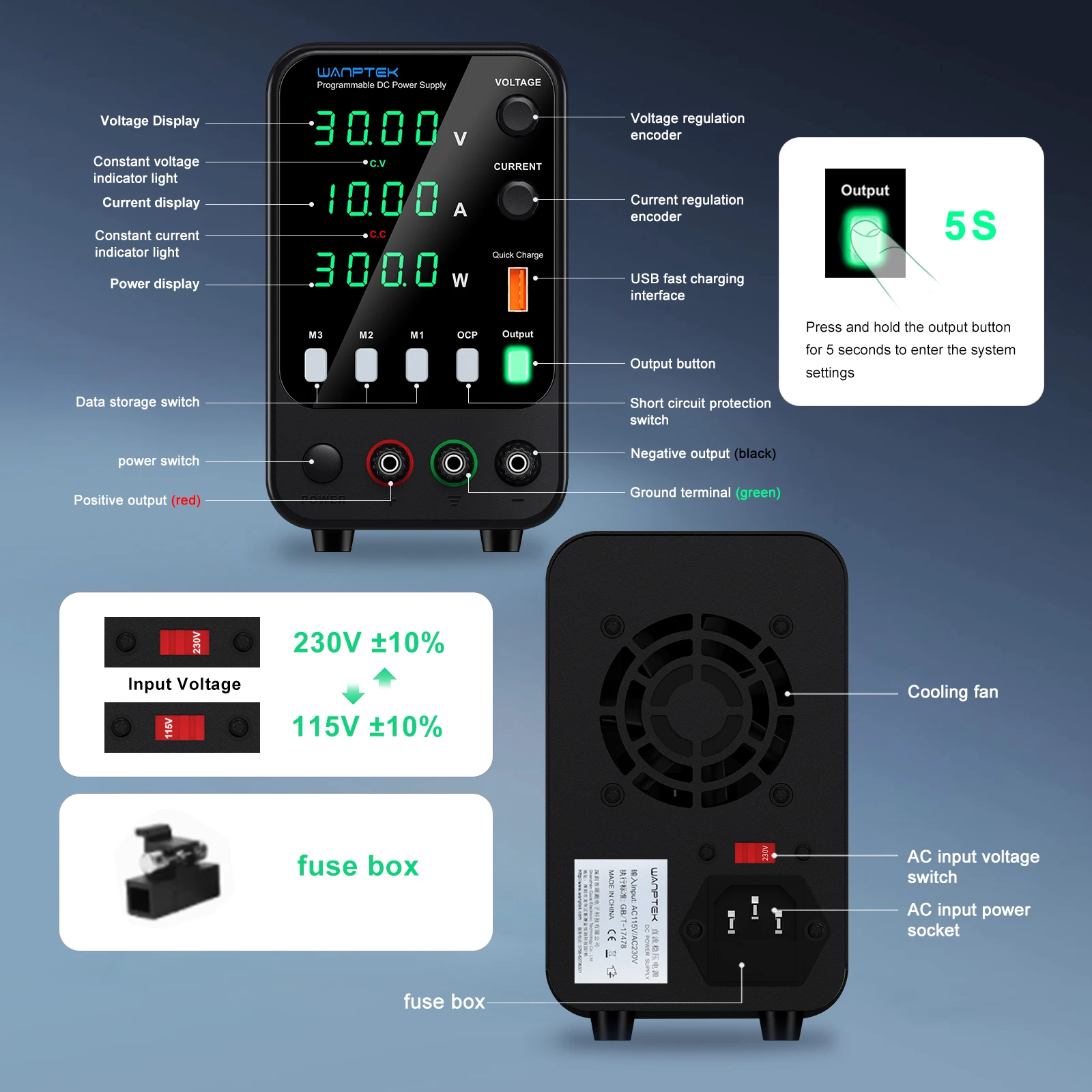 Wanptek Labor-Netzteil, 30 V, 5 A, 30 V, 10 A, 60 V, 5 A, 120 V, 3 A, einstellbar, mit USB-Schnellladeregler, DC-Netzteil