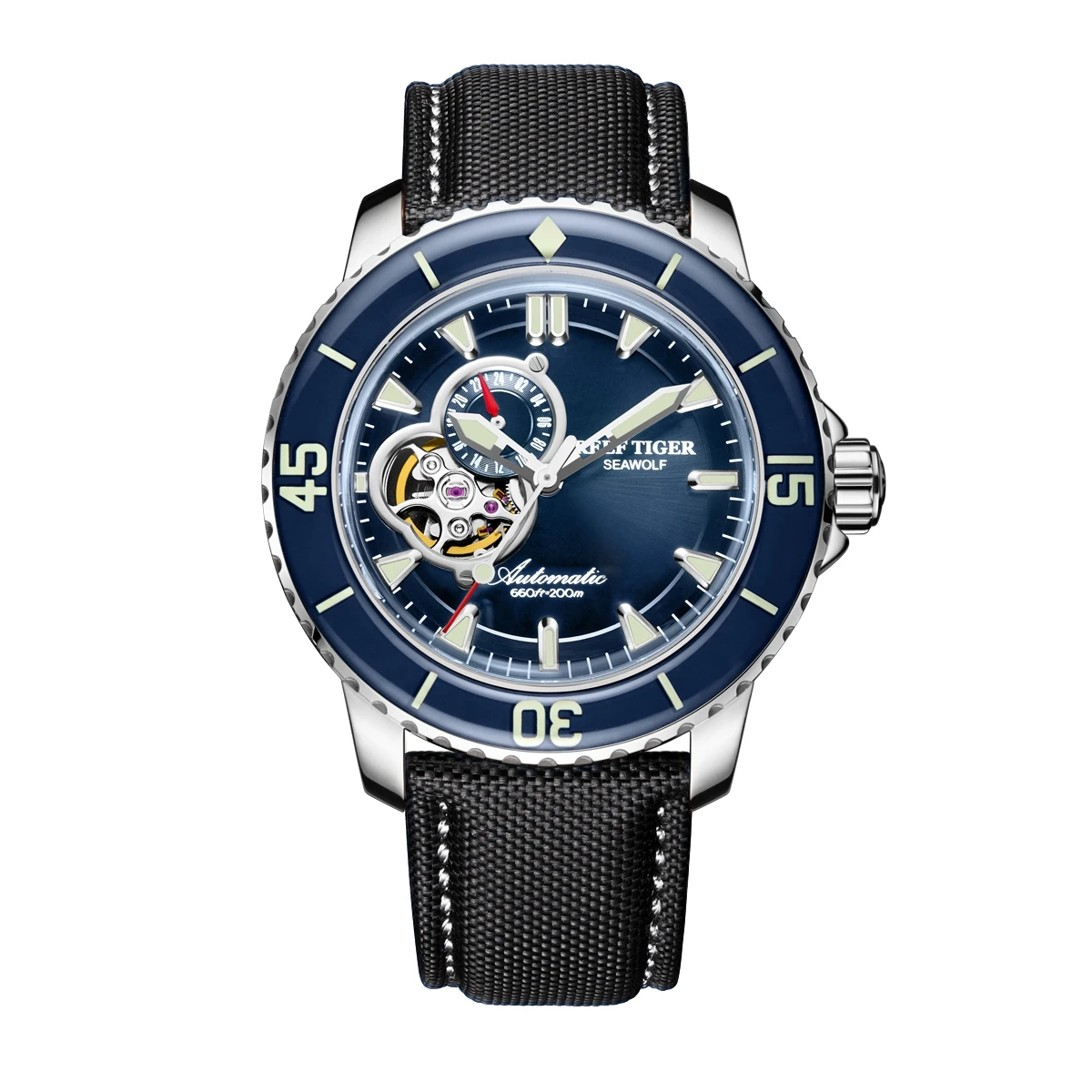 Reef Tiger Men Diver Watch 44mm Luxury Automatic Mechanical Wristwatch 20ATM Waterproof Luminous Sapphire Bezel Skeleton RGA3039