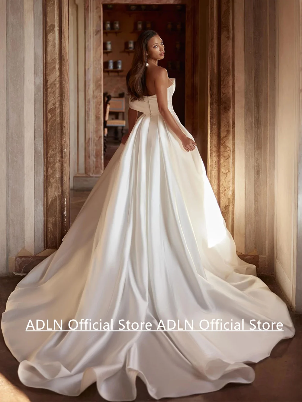 فستان زفاف من الساتان Vestido De Noiva مخصص بدون حمالات مع فيونكة مطوي وسحاب خلفي على شكل حرف A ذيل محكمة فستان زفاف نسائي