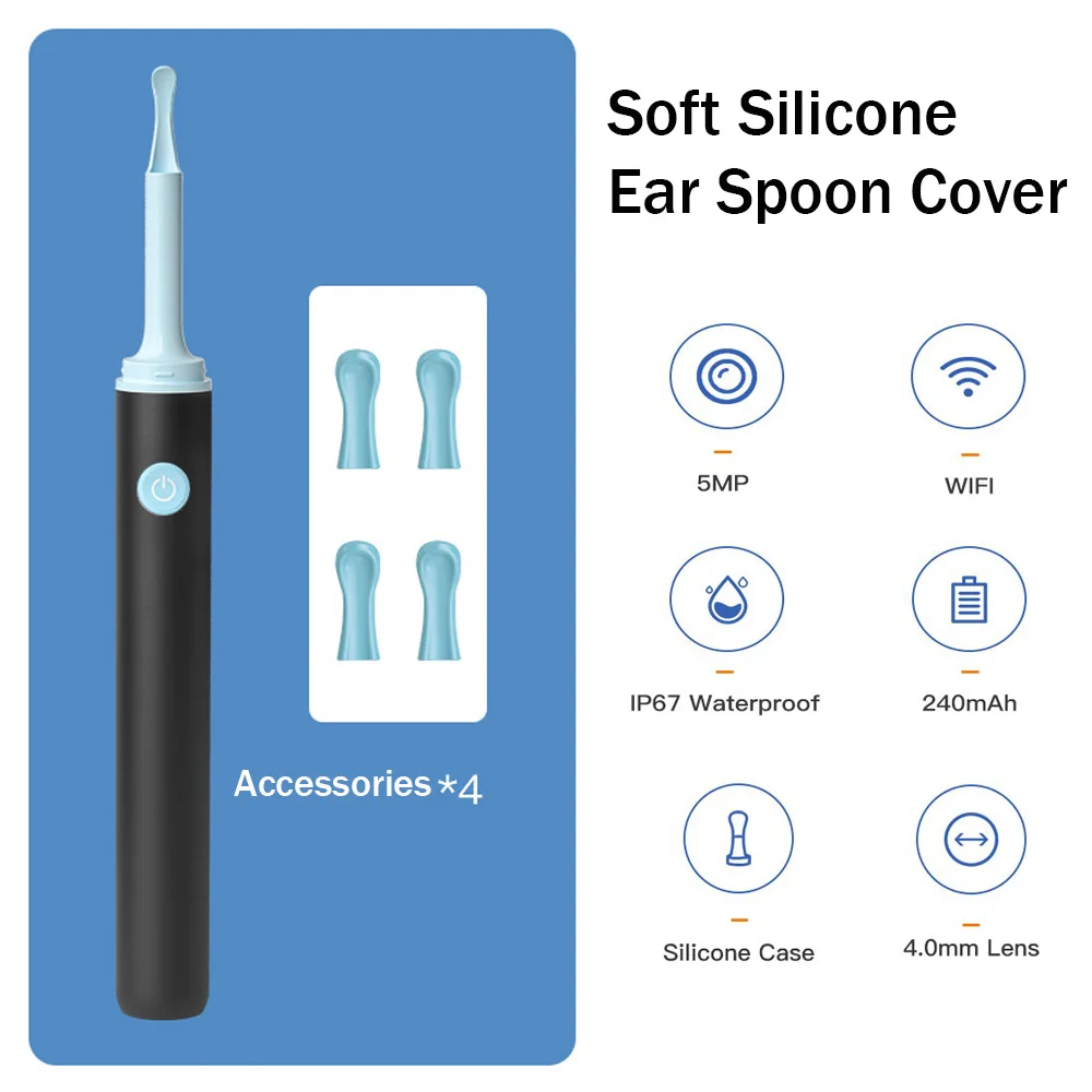 Wireless Visual Silicone Ear Spoon Safe Endoscope Earpick 5MP Camera Ear Wax Remover Luminous Otoscope 3.5mm Ear Cleaning Tools