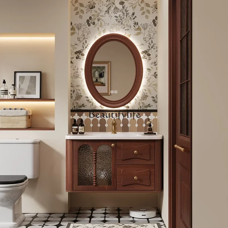 09Z.Medieval bathroom cabinet combination ceramic integrated basin French retro solid wood bathroom hand wash station