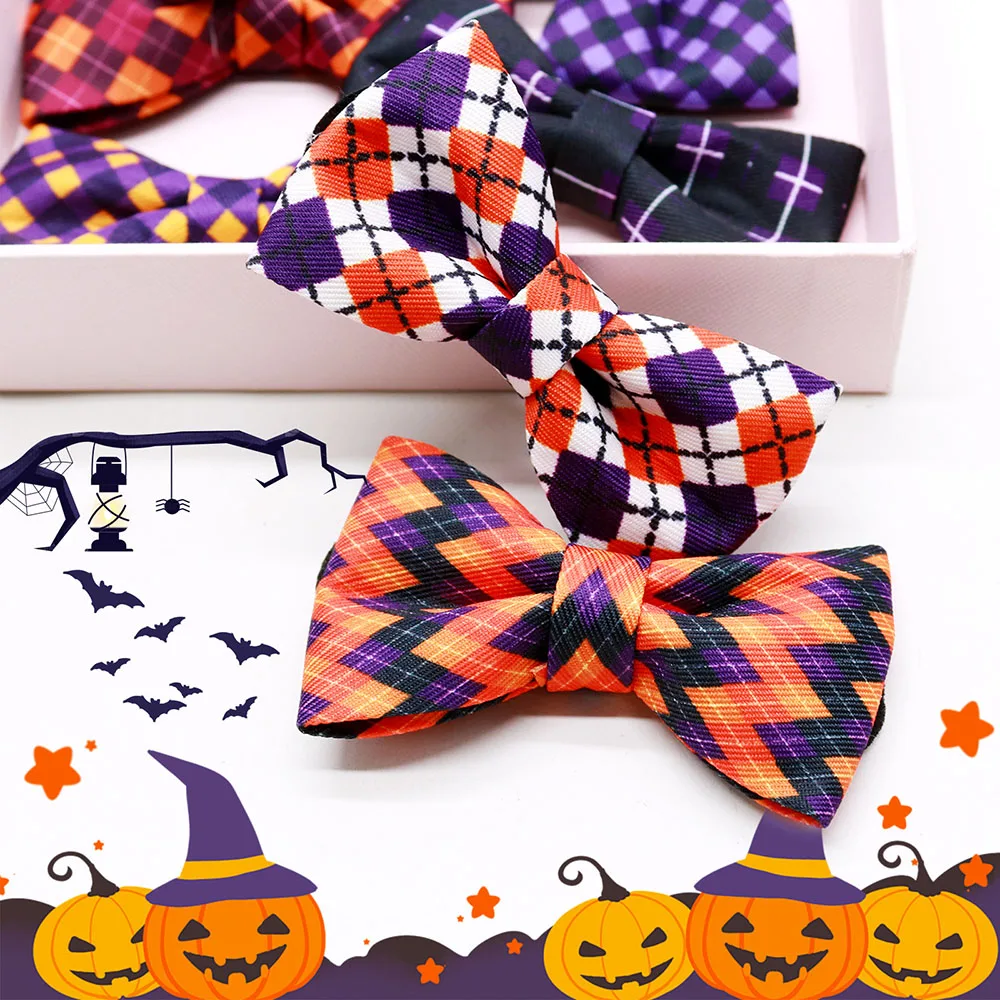 20PCS Pet Collar Halloween Series Dog Bow Tie Adjustable Classic Plaid Pet Neckties Bowties For Dogs Pet Grooming Accessories