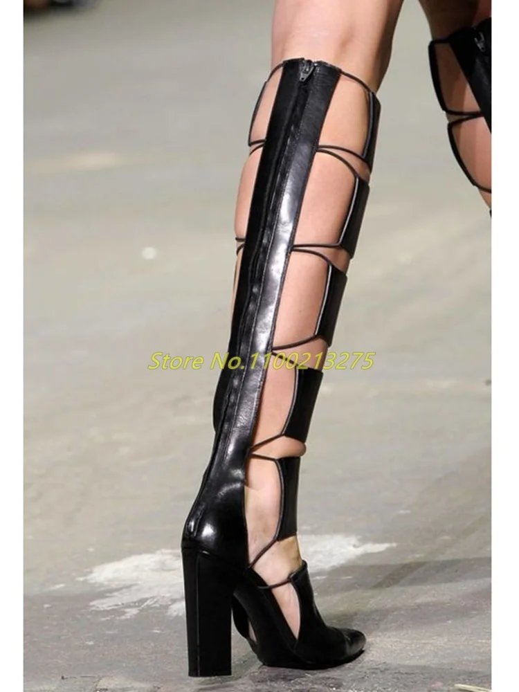 Black Cut Out Knee High Boots Back Zipper Rome Women Summer Sandal Boots Block High Heel Solid Patent Black Leather Shoes