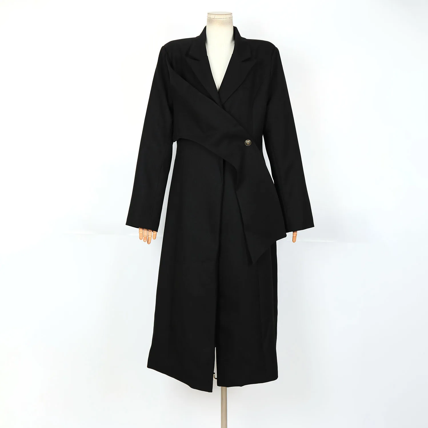 

2025 Women's Spring Black Asymmetric Trench Coat Long Sleeve Lapel Single Button Elegant Office Coat Loose Fashion Outerwear
