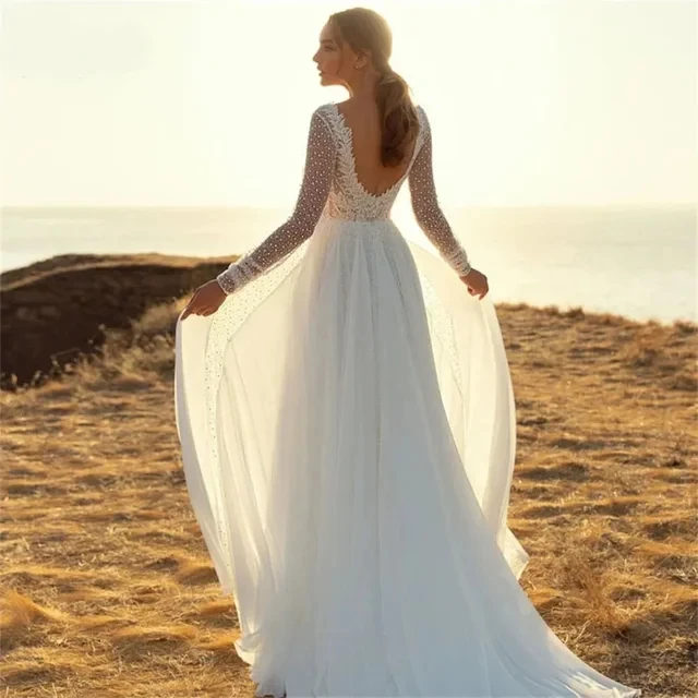 LISER Bling Beach V-Neck Wedding Dress For Women Long Sleeves Bridal Gown Tulle  Open Back Sweep Train