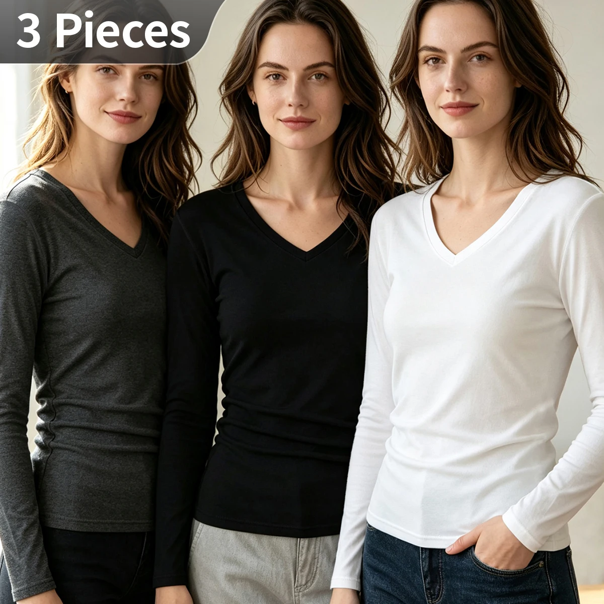3Pcs Women's Autumn/Winter Slim Fit Top Fashionable V-Neck Warm Long Sleeved Youth Casual Daily Solid Color Sports Comfort Trend