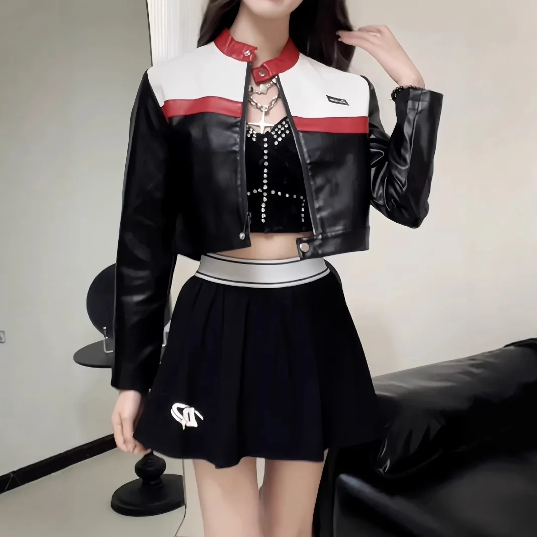 

2025 супер короткая кожаная куртка женская контрастная сращенная тонкое сексуальное пальто мотоциклетная куртка уличная верхняя одежда из искусственной кожи весна осень