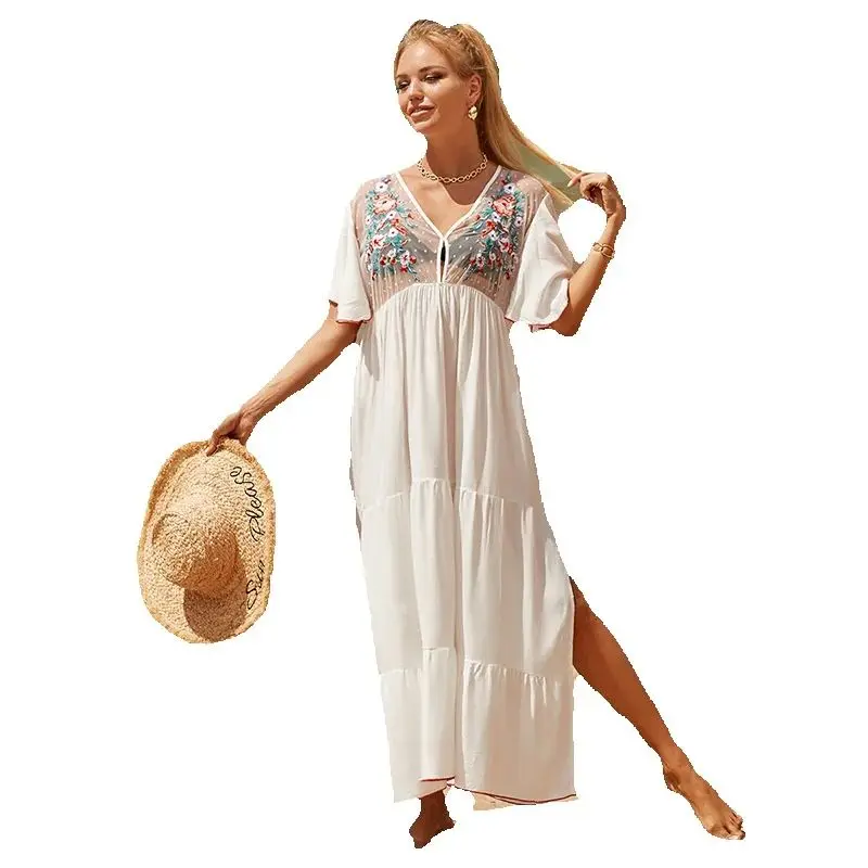 

Flare Sleeve Bikini Cover Up Women White Embroidery Beach Dress Tunic Kaftans Sexy V-neck Mesh Maxi Dress Swim Suit
