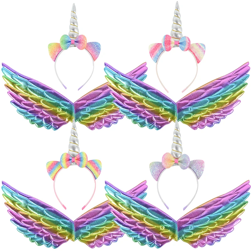 1Set Girls Birthday Party Unicorn Cosplay Wings Hairband Cartoon Rainbow Unicorn Theme Party Little Girls Birthday Headband