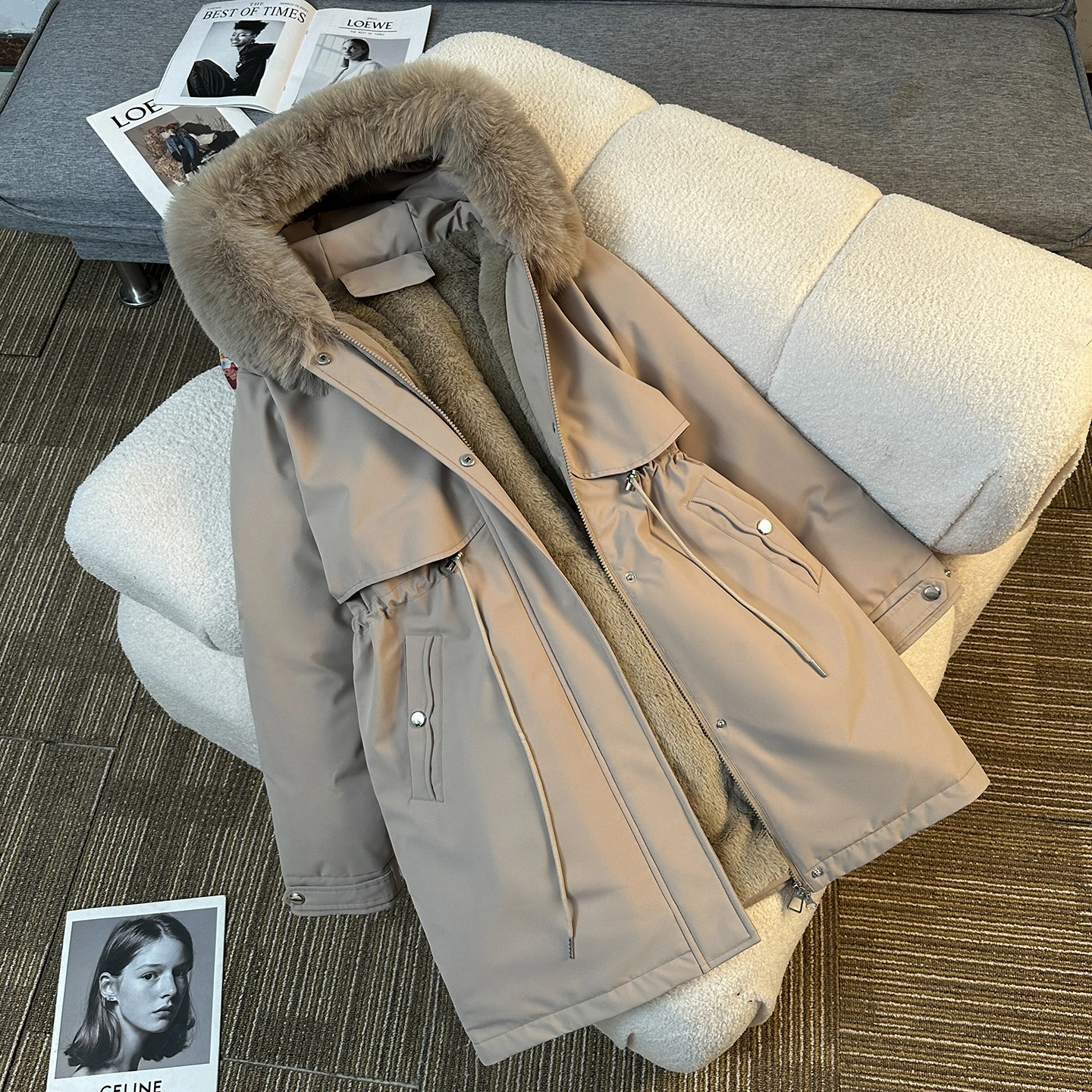 Winter Women's Fleece Inside Hooded Parka Jacket Casual Faux Fur Collar Adjustable Waist Mid Length Puffer Coat Slim Women Pike
