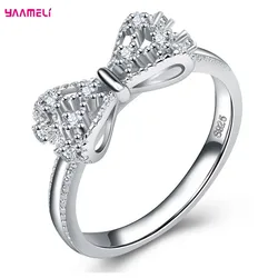 Sparkling AAA Cubic Zircon Crystal Bowknot Design 925 Sterling Silver Wedding Rings for Women Bijoux Fashion Engagement Ring