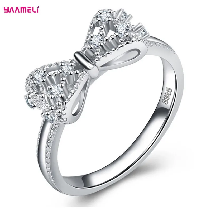 Sparkling AAA Cubic Zircon Crystal Bowknot Design 925 Sterling Silver Wedding Rings for Women Bijoux Fashion Engagement Ring