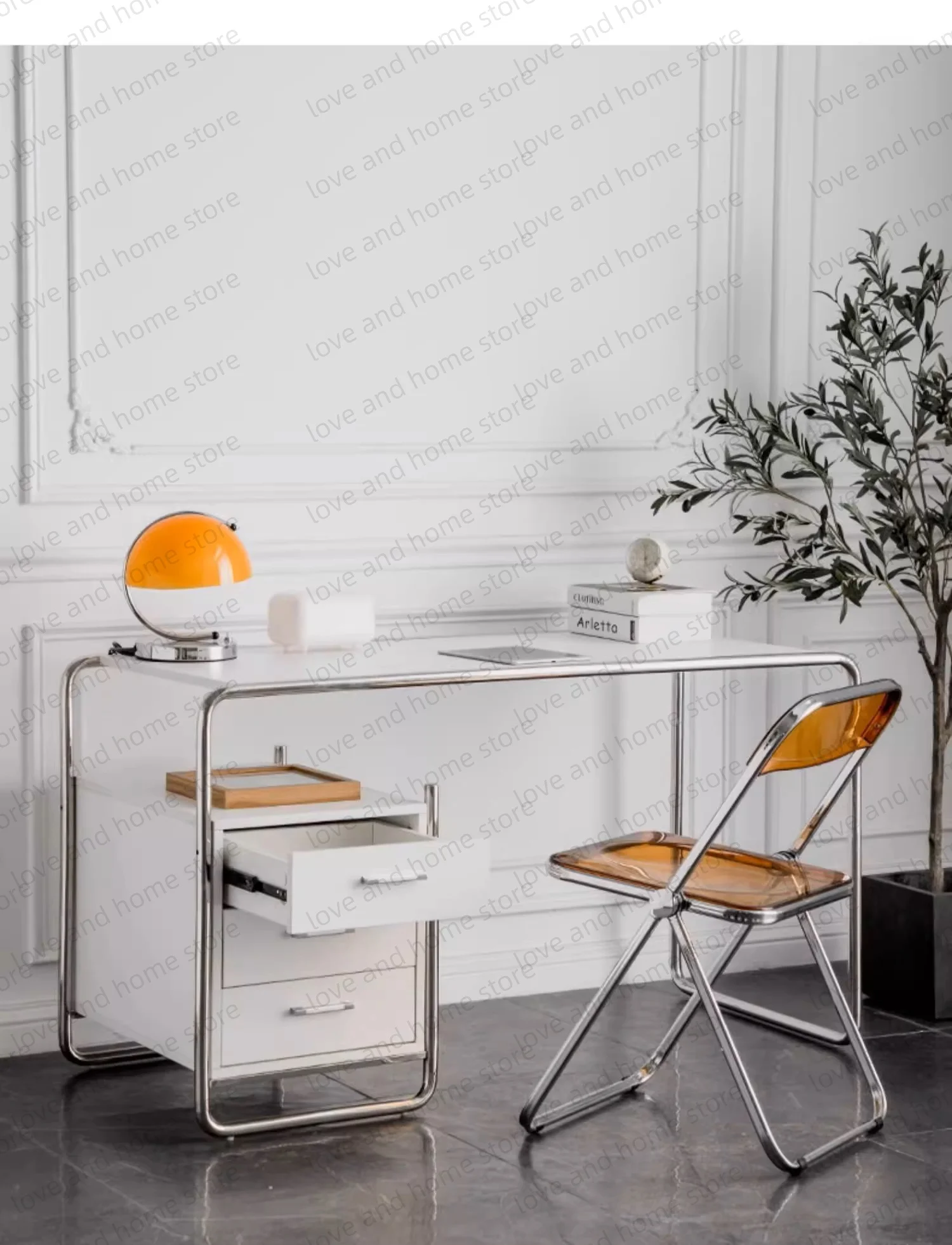Bauhaus Stainless Steel Desk Compact Tubular Steel MDF with Drawer Compute Desk Office Desk