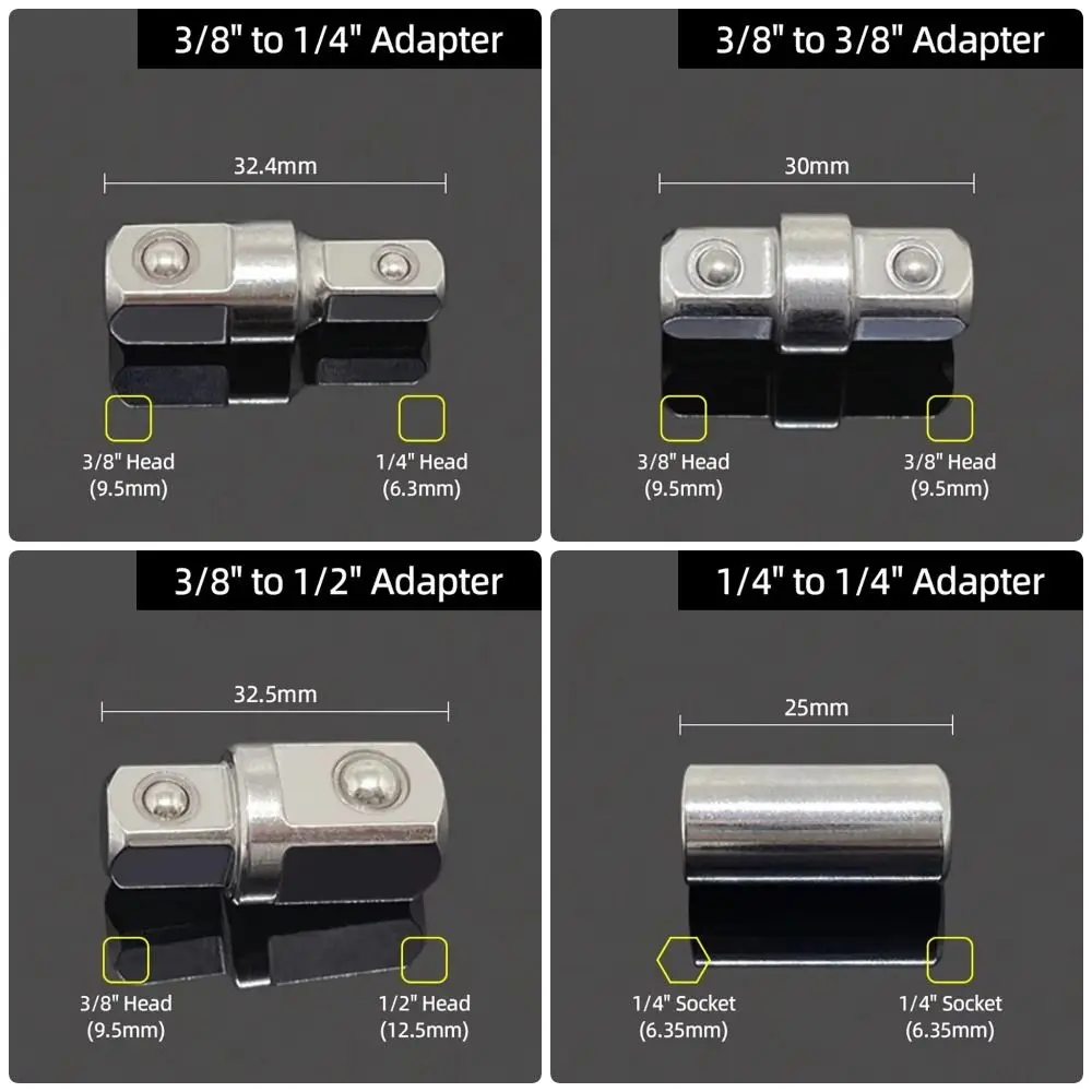 4 sztuk/zestaw napęd udarowy konwerter gniazda Adapter podwójna główka kwadratowa 1/4 3/8 1/2 klucz grzechotkowy Adapter gniazda stalowy pręt konwersji