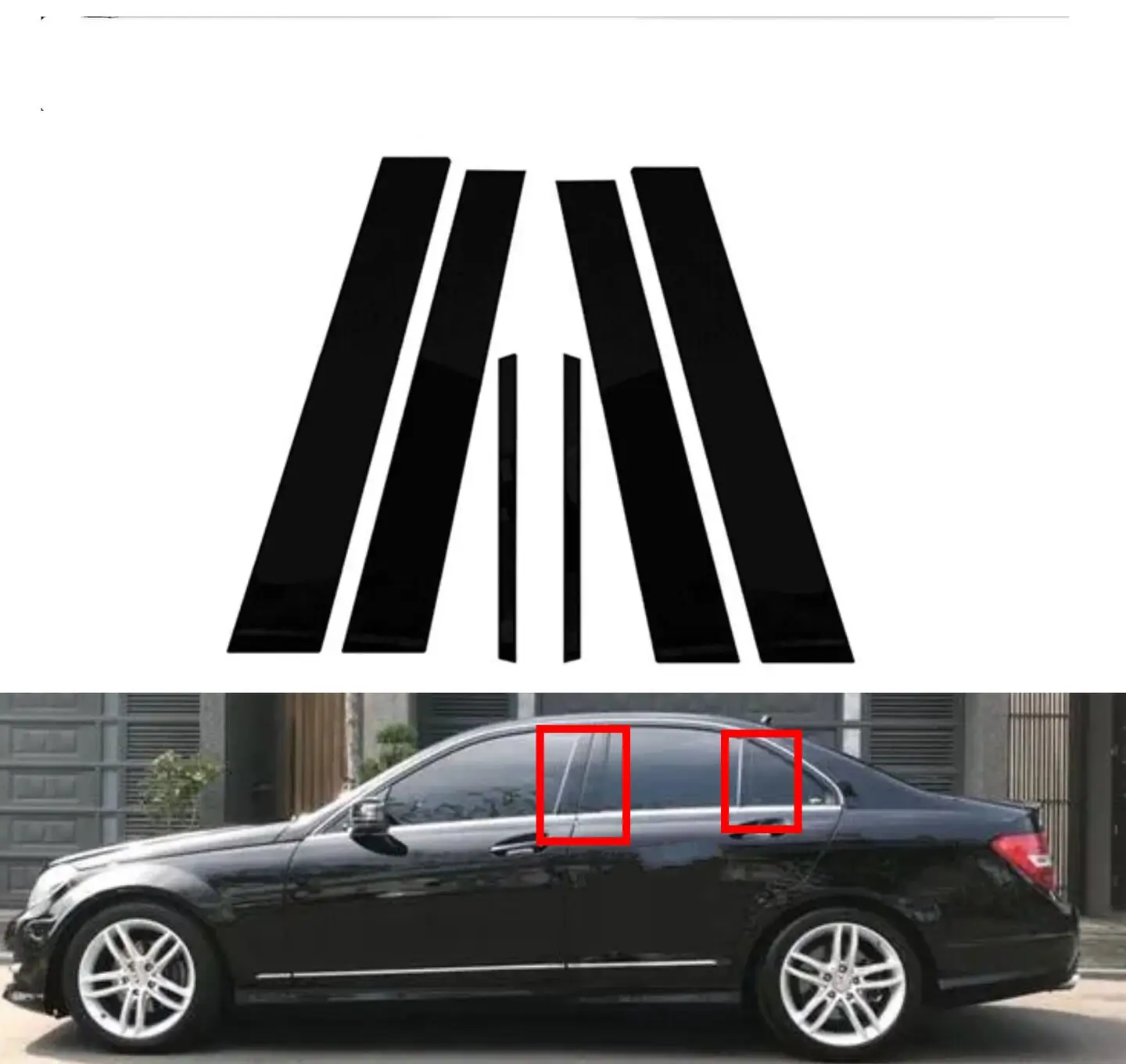 6PCS Glossy Black Polished Pillar Posts For Mercedes Benz C Class Sedan W204 2007 -2014 Door Window Trim Stickers