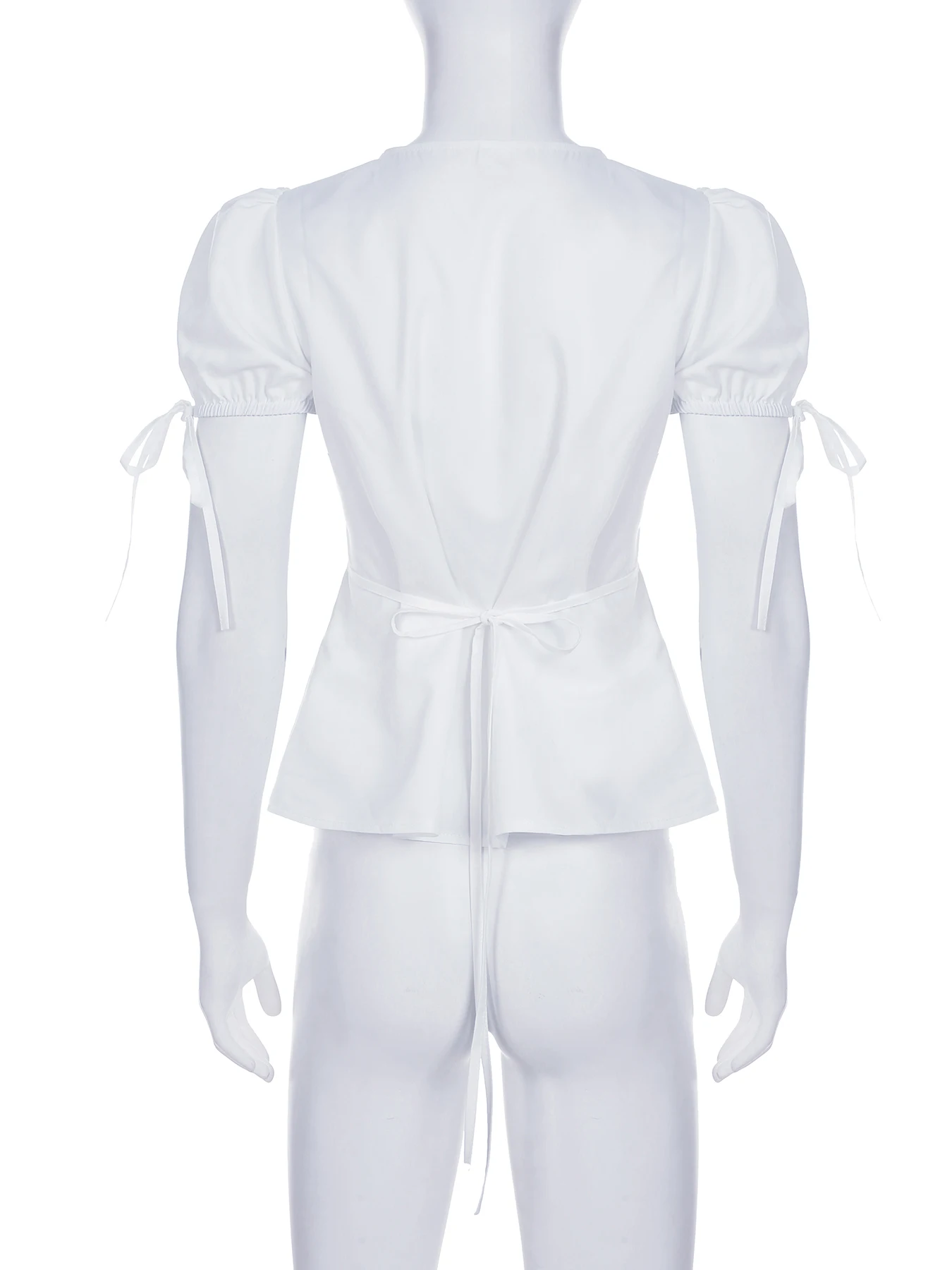 IAMSURE Elegant Fashion Solid Split Blouse Slim Bandage V-Neck Puff Sleeve Shirts Women 2025 Summer Fashion Streetwear Ladies