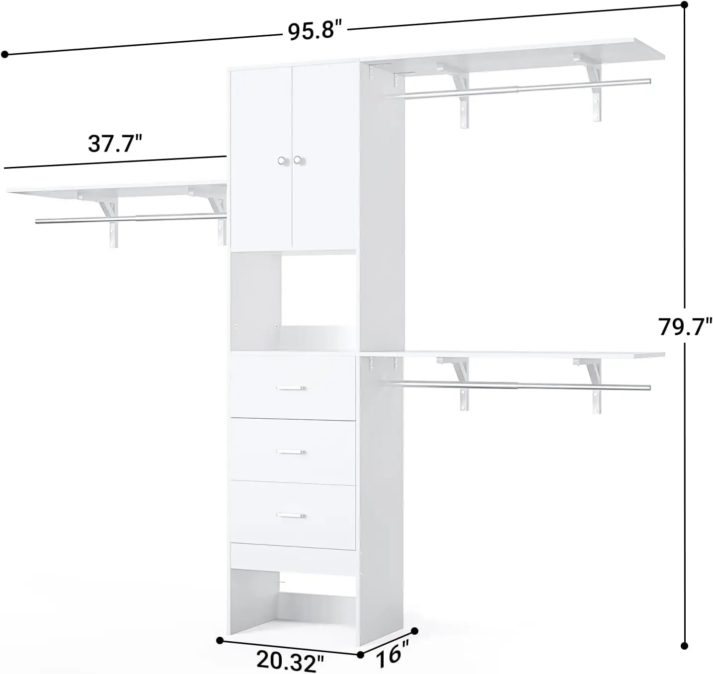 White 96 Inches Closet System with Doors, 8FT Walk In Closet Organizer with 3 Shelving Towers, Heavy Duty Clothes Garment Rack with 3 Wood Drawers, 96