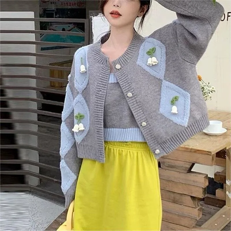 Women Women Winter Fashion Korean Button Color Blocking Color Blocking Knitting Women Clothing Fashionable Jacquard Loose Cardig