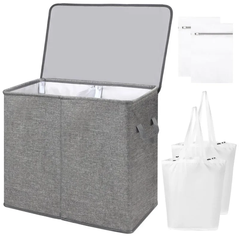 

Double Laundry Hamper with Lid and Removable Laundry Bags, Large Collapsible 2 Dividers Dirty Clothes Basket with Handles