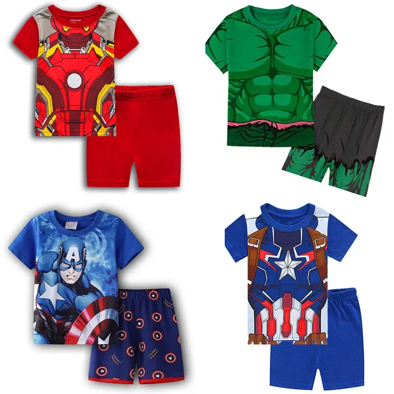 Pijamas de los Vengadores de Marvel, Iron Man, Capitán América, Hulk, ropa de dormir para niños con dibujos animados, pijamas Kawaii de manga corta, ropa de dormir para Cosplay