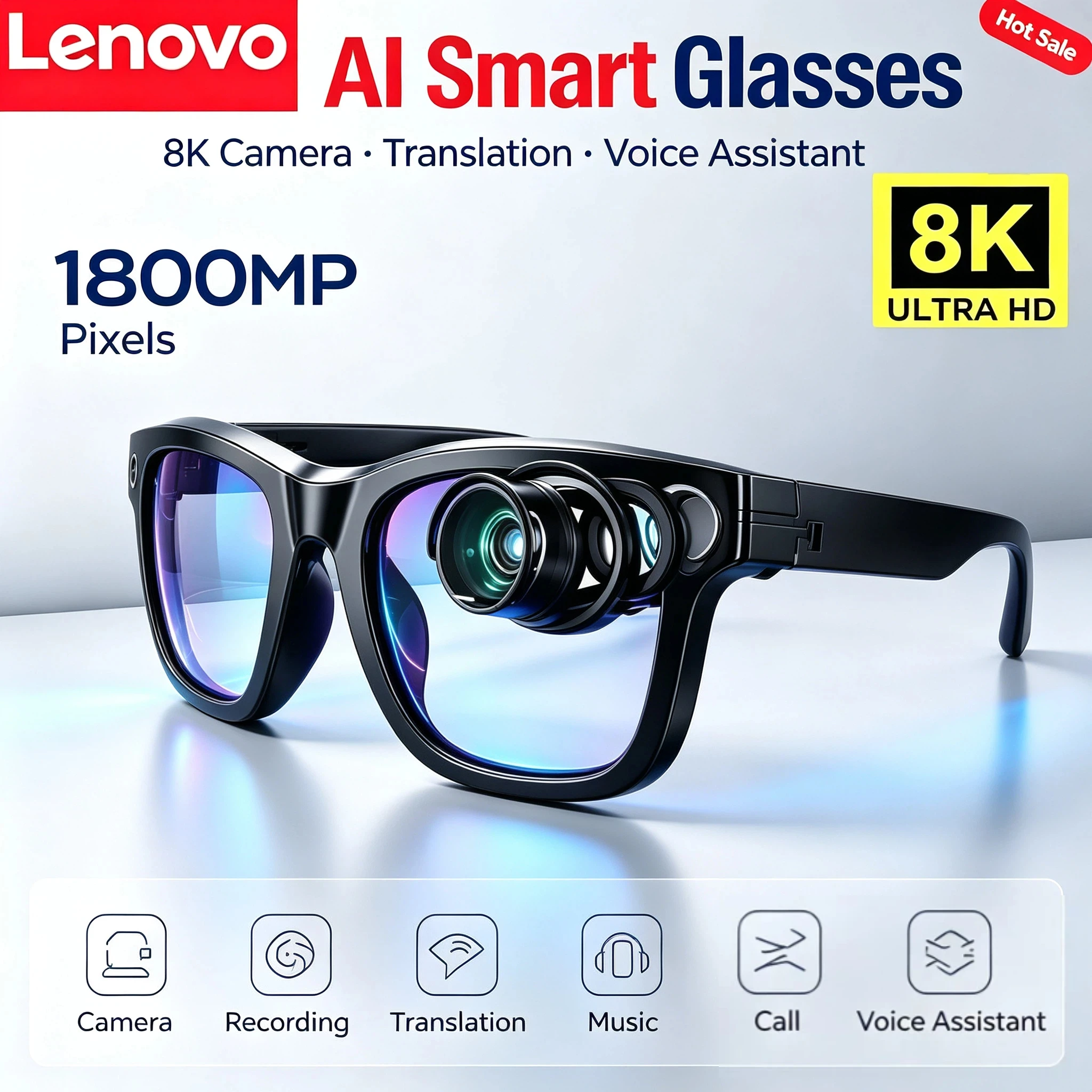 Умные очки Lenovo AI 8K 4KHD с функцией громкой связи, AI-переводом, ChatGPT, записью, воспроизведением музыки, умные солнцезащитные очки для мужчин и женщин.