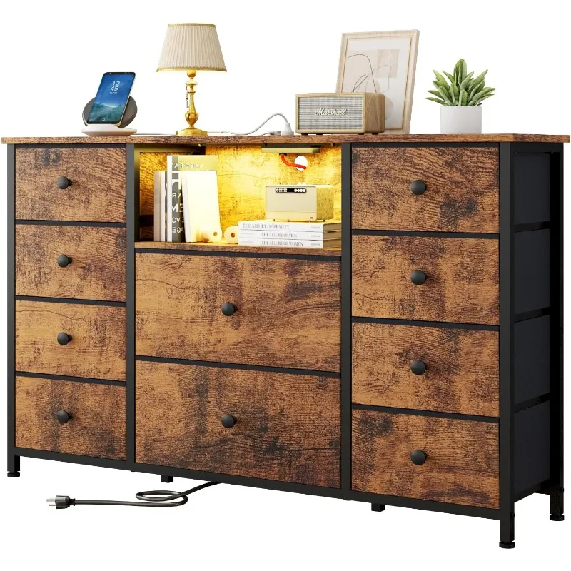 Dresser with Charging Station and LED Lights, Long Dresser for Bedroom Dresser TV Stand with 10 Drawers, Fabric Chest of Drawers