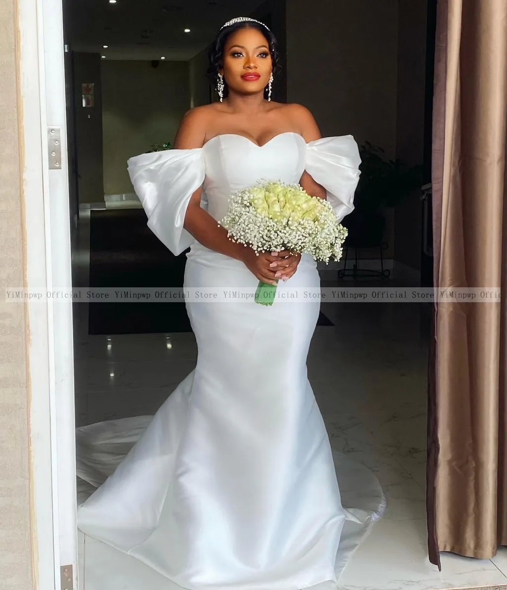 Simple White Mermaid Wedding Dresses for Bride Off Shoulder Sweep Train Satin Africa Bridal Gowns robes de mariee Customized