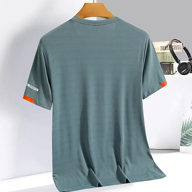 Men's Summer Ice Silk T-shirt Sweatshirt Round Neck Simple Running Fitness Suit Thin Breathable Quick Drying T