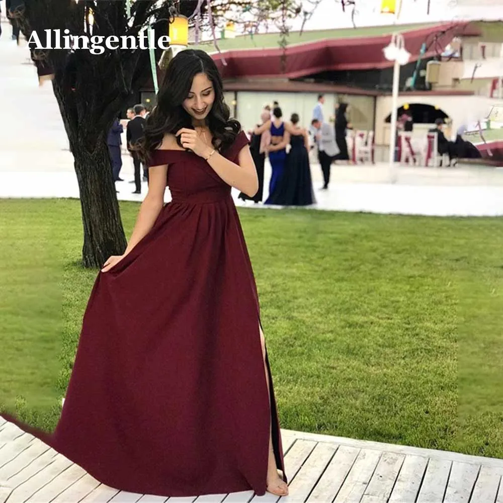 Allingentle Elegant A-Line Prom Party Dresses Off Shoulder Satin Evening Gowns For Women Formal Dress Side Slit Robes De Soirée