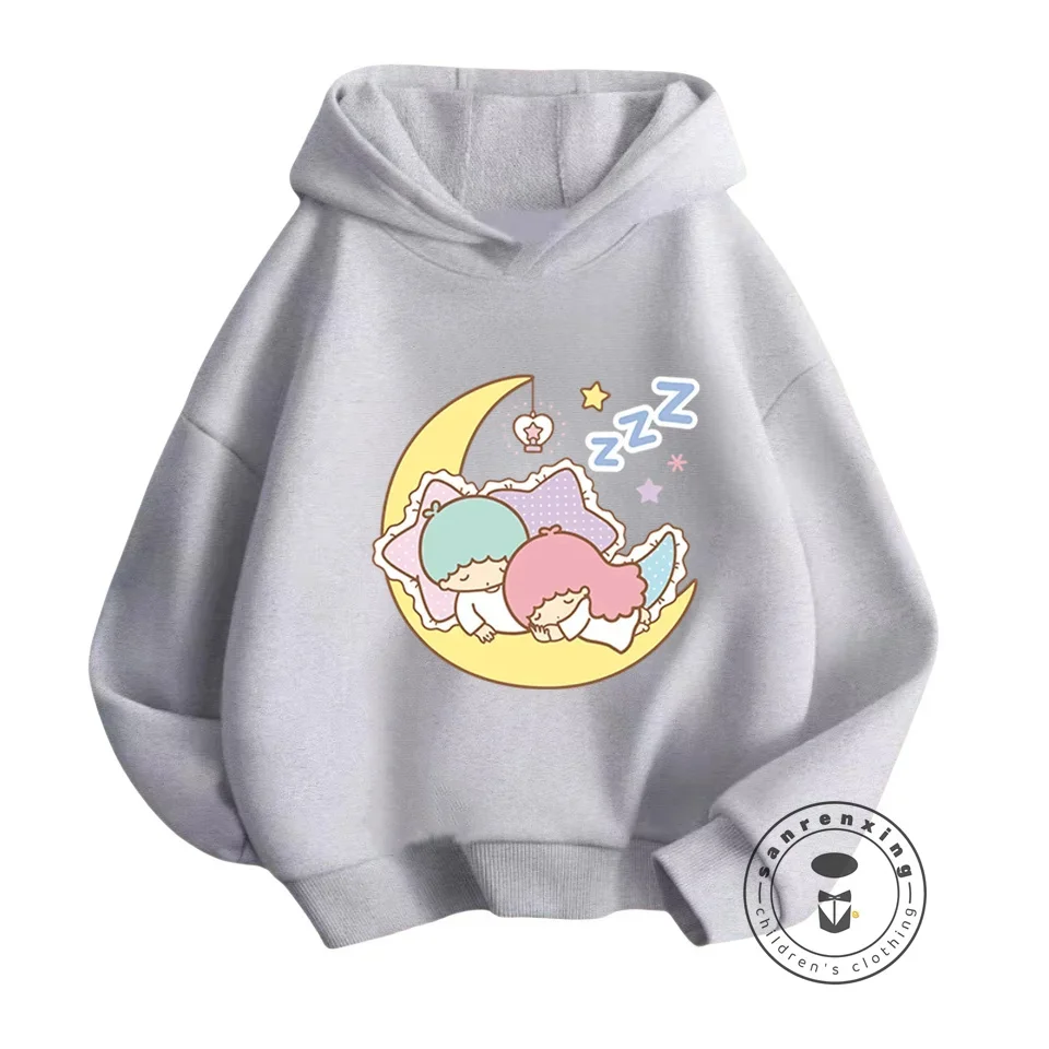 Cute Sanrio Little Twin Stars Kids Hooded Pullover Stylish Cartoon Emblazoned Garment for Autumn Winter Casual Outdoor Wear