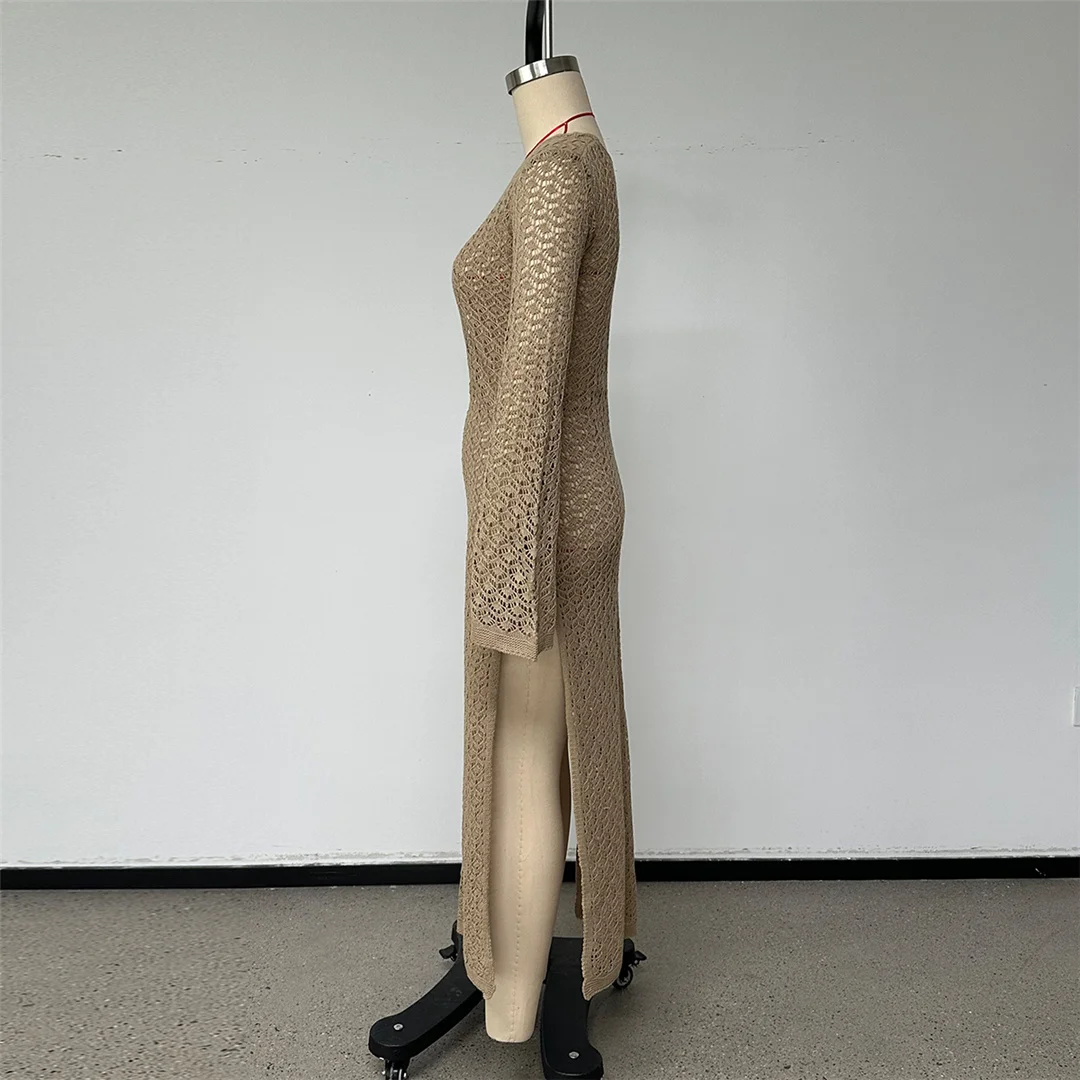 Ausgeschnittenes, langärmliges, hochgeschlitztes, gehäkeltes, gestricktes Tunika-Strandkleid, Strandkleid, Strandmode, Damen V8512 – Detail 22