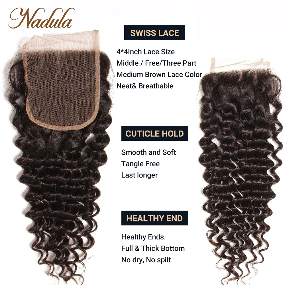 Nadula-Extensiones de Cabello 100% humano brasileño con cierre, pelo Remy de onda profunda, Color Natural