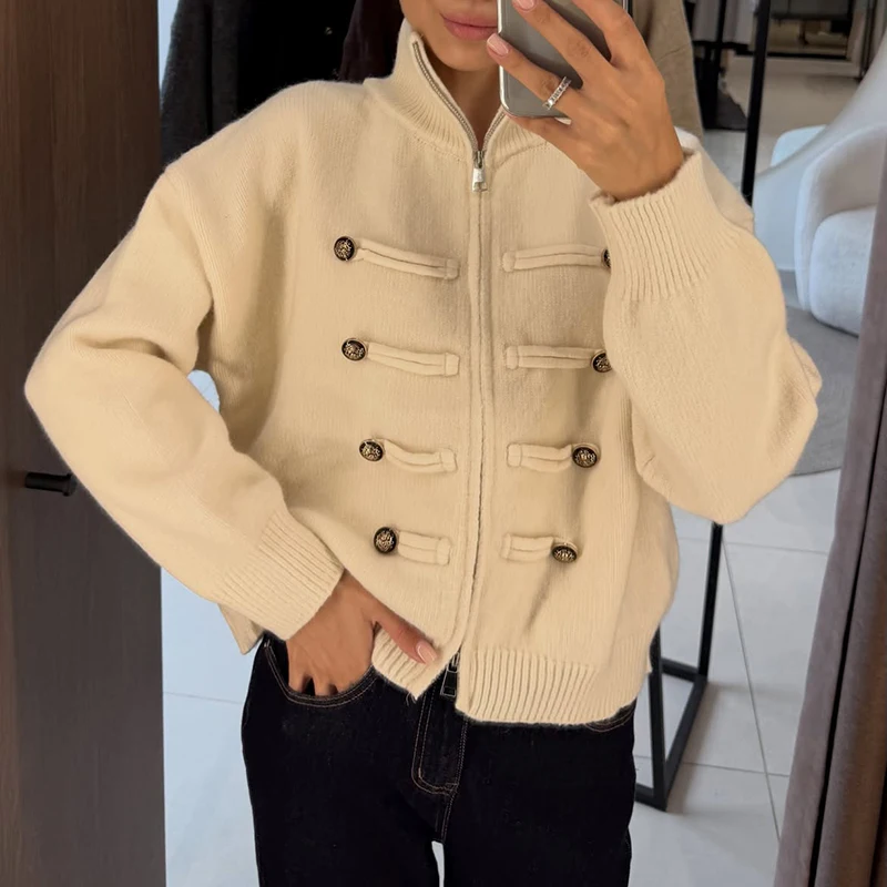 Tsiisd Women Knit Cardigan Stand Collar Zip Front Frog Button Long Sleeve Vintage Chinese Style Casual Outerwear Women's Coats