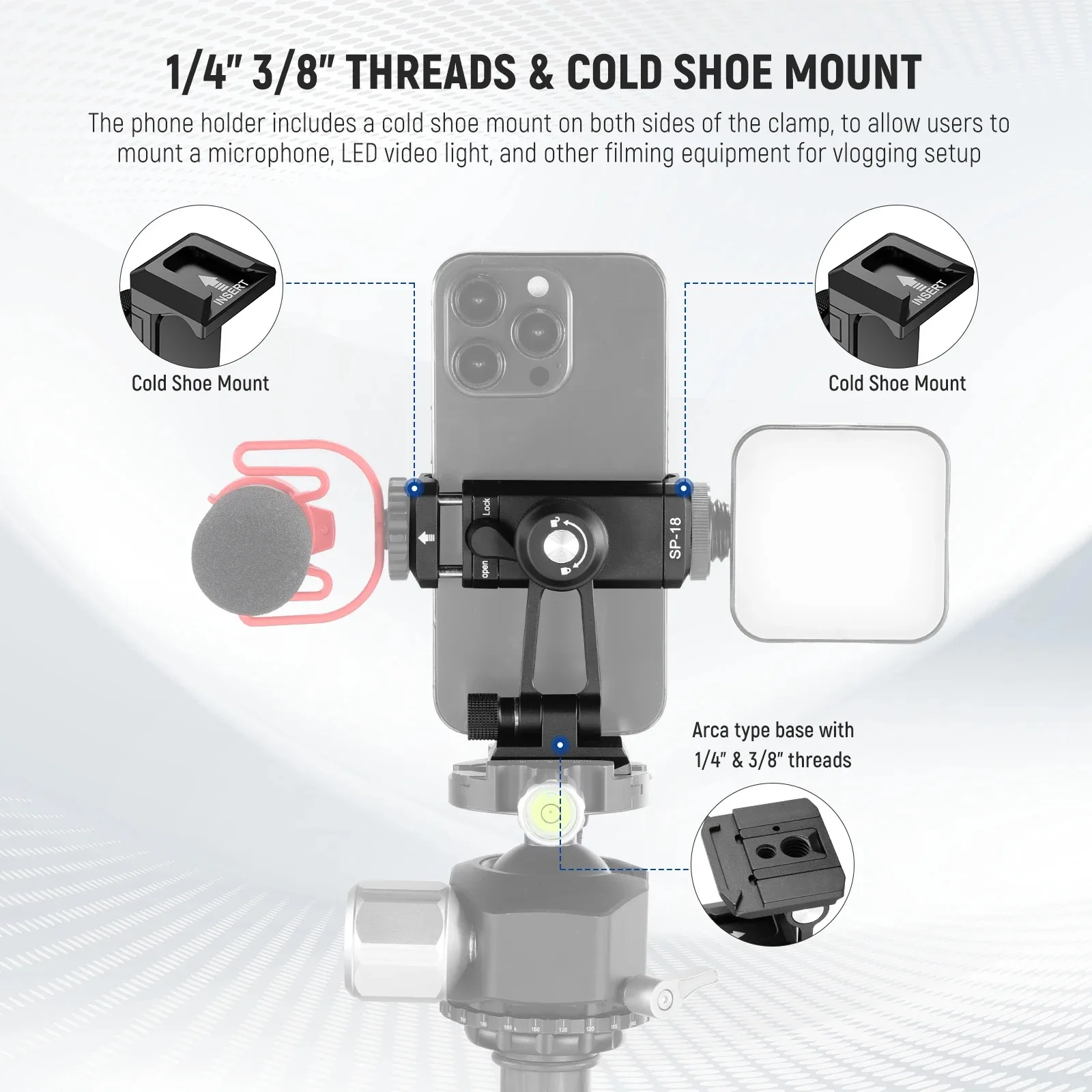 For Flexible Aluminum Alloy Phone Tripod Mount Adapter Arca QR Base Cold Shoe 360 Swivel 180 Tilt Holder for
