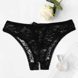 Sexy Open Crotch Women Panties Perspective Erotic Lingerie Underwear Lace Briefs Crotchless Bow Thong Hollow Out Temptation