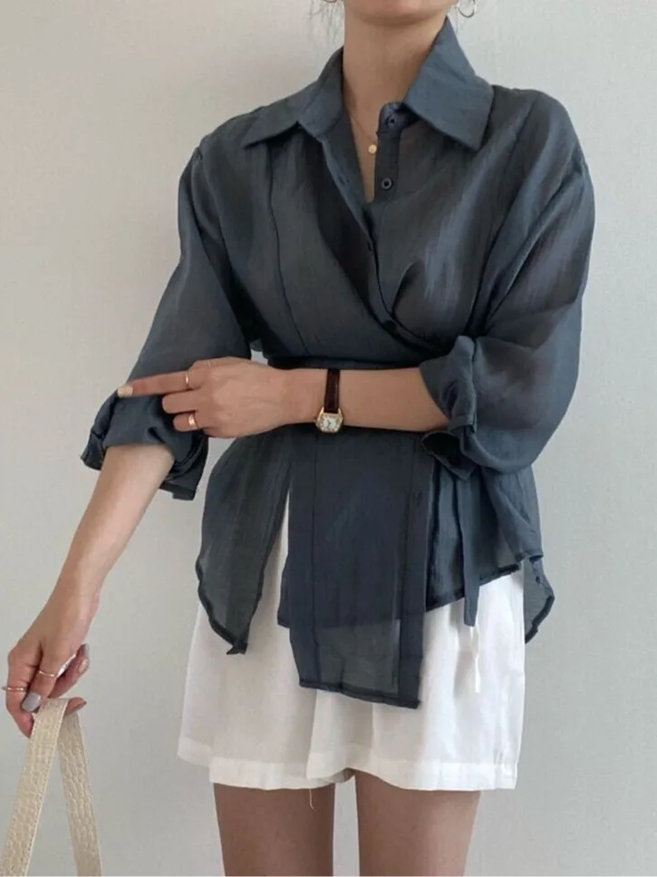 Ele Simple Collar Long Sve Sonnenschutz Irt Dünne Taille Inward Tie Damen Top Pendeln Sle Regular Fit Reine Farbe