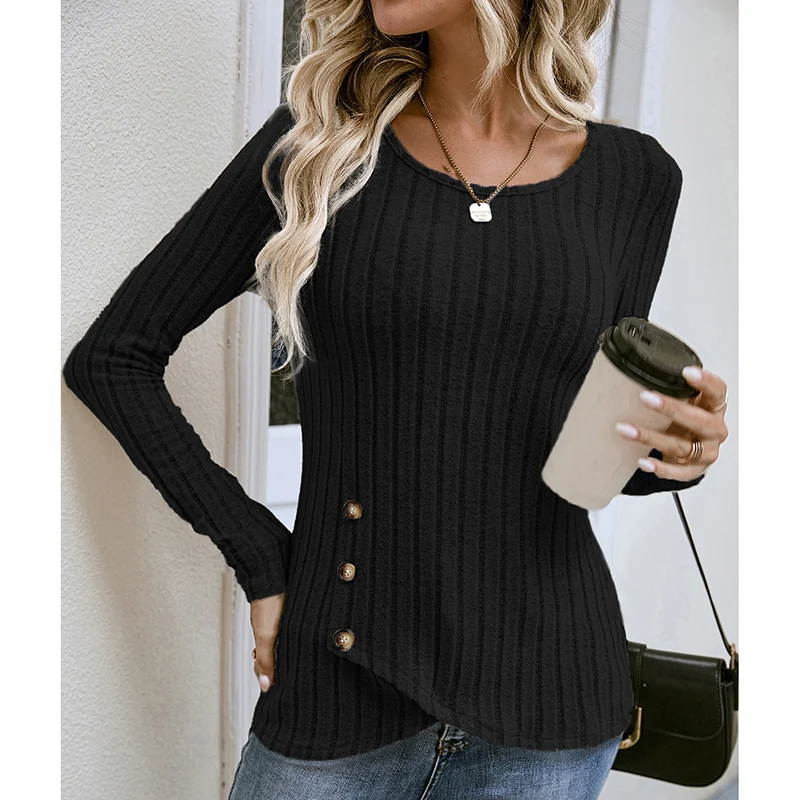 Autumn Elegant Fashion New Chic Pullover Women All Match Basic Solid Color Round Collar Button Long Sleeve Stripe Slim Sweater