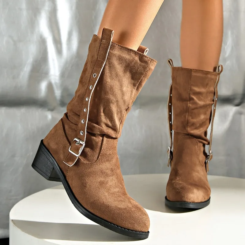 2026 Retro Round Toe Buckle Decor Mid Heel Daily Women's Mid Calf Boots Fashion Solid Color Pleated Outdoor Casual Women Boots