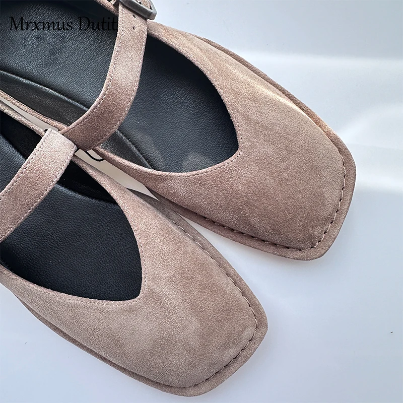 Mrxmus Dutit Suede Leather Shallow Cut Flat Shoes 2024 New Retro Sand Yellow Ballet Shoes Minimalist Commuter Women\'s Shoes