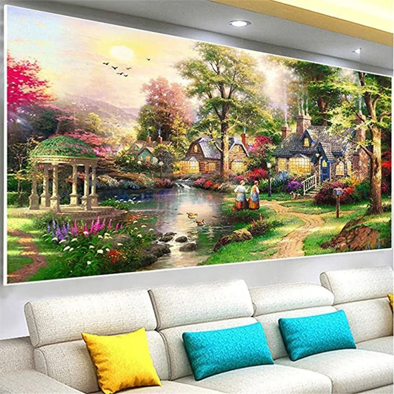 Pastoral Scenery Diamond Painting Cross Stitch Embroidery Landscape Rhinestone Pictures, Living Room, Home Decor, Full Drill, 5D