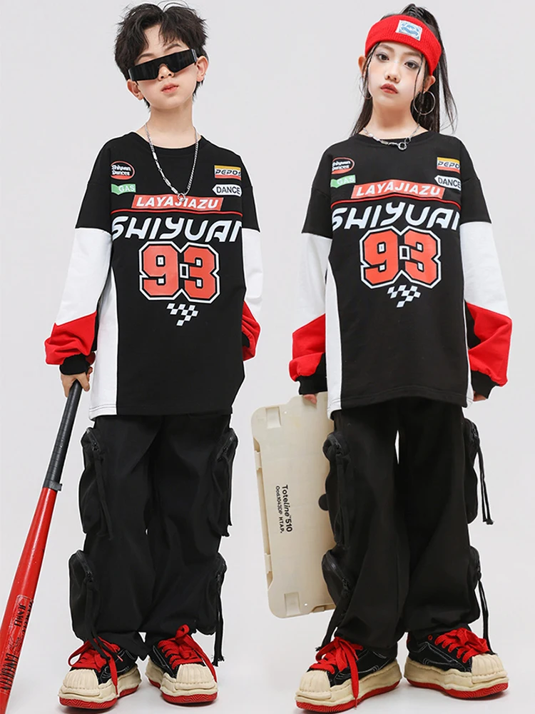 

Boys Street Dance Clothing Long Sleeves Tops Black Cargo Pants Girls Jazz Practice Performance Clothes Hip Hop Outfit BL12453