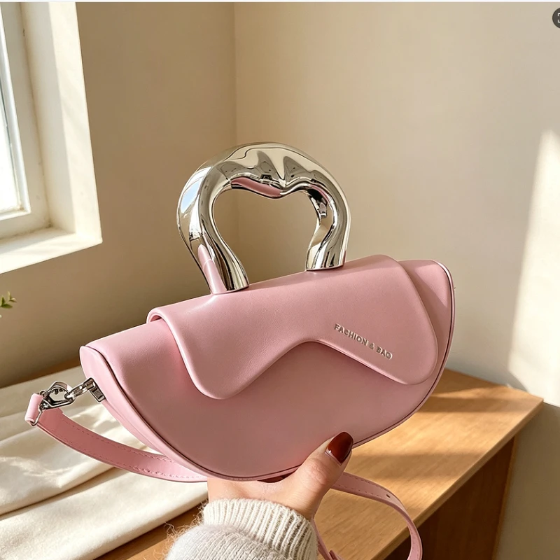 WomenUniqueMetalHandle Handbag Fashion Semicircle PU Leather Shoulder Bag Removable Strap Crossbody Bag Party Evening Mini Purse