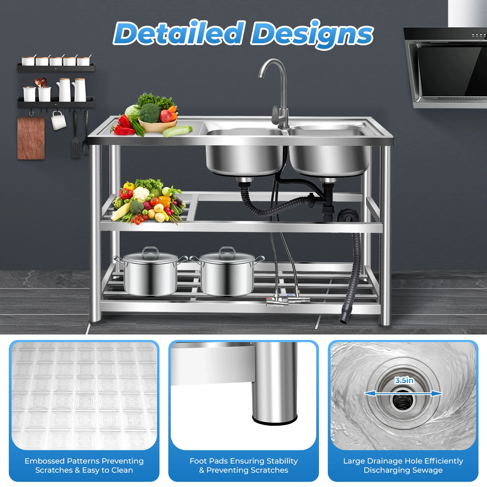 2 Compartment Stainless Steel Commercial Kitchen Sink Restaurant Utility Sink Dish Washing Disinfection Pool with Standing Rack